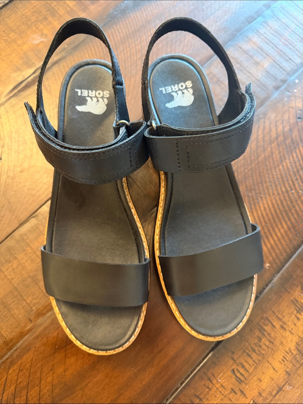 Sorel Black Leather Velcro Strap Sandals with Cork-Trim